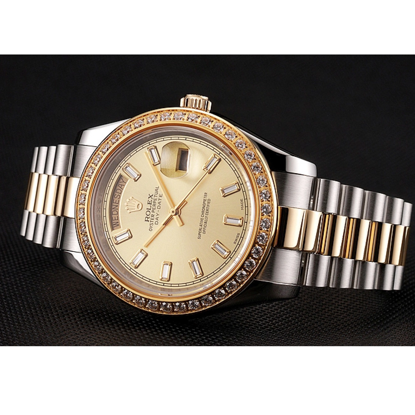 Aaa replica Dial Tone Bracelet Diamond Swiss Bezel Rolex Two Champagne 1454103 Day-Date 0802